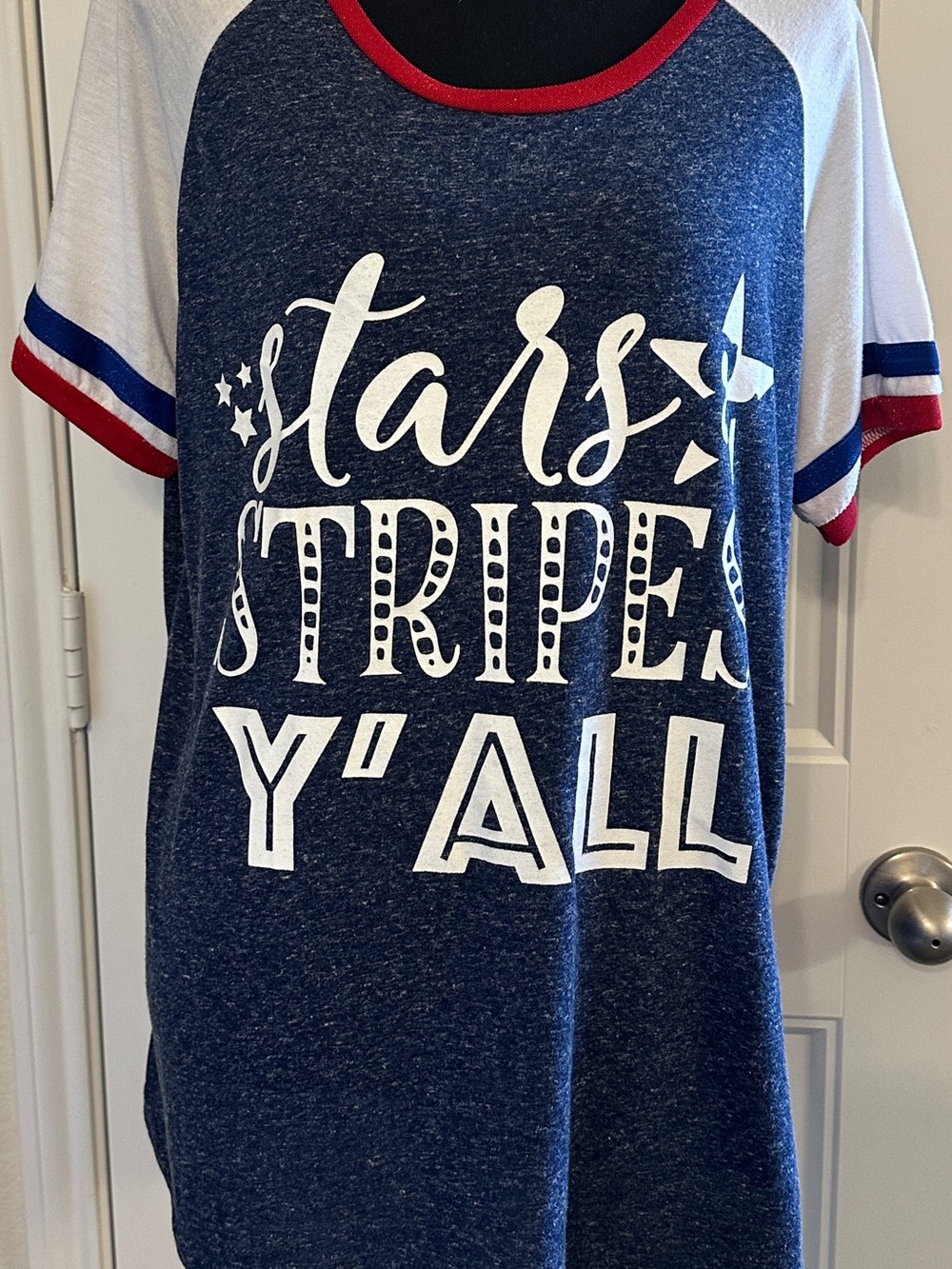 Southern Grace Navy, White & Red Stars & Stripes Y'All Raglan Tee